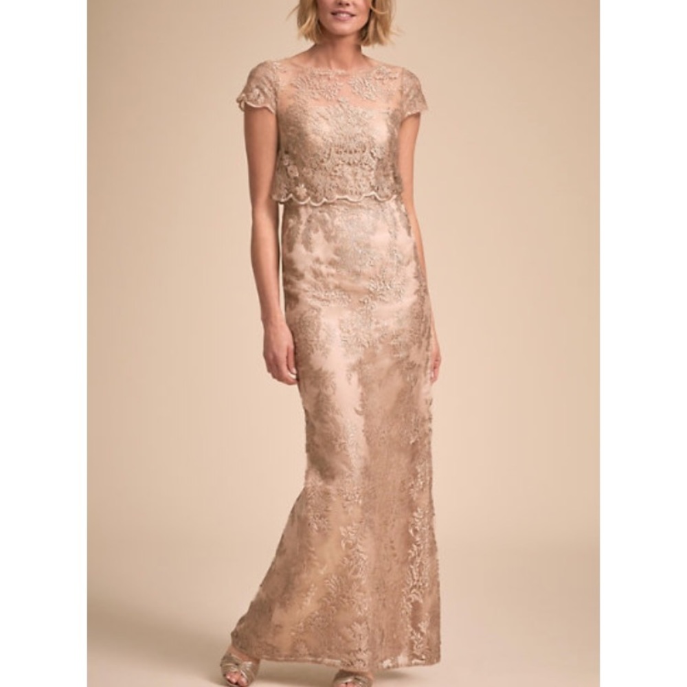 Adrianna Papell Gold Lace Overlay Evening Gown